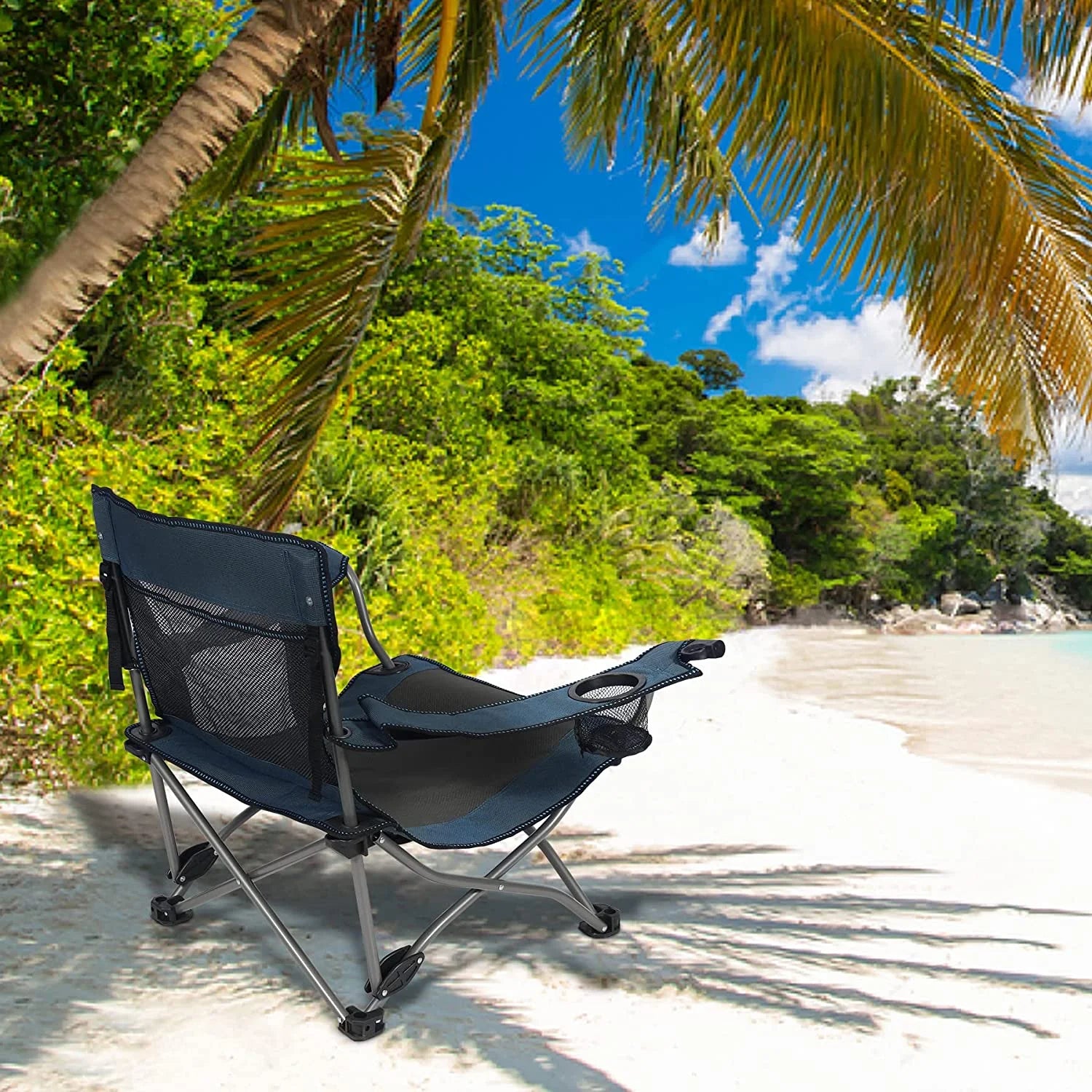 Low Beach Chair with Adjustable Backrest and Cup Holder, Navy F7552
