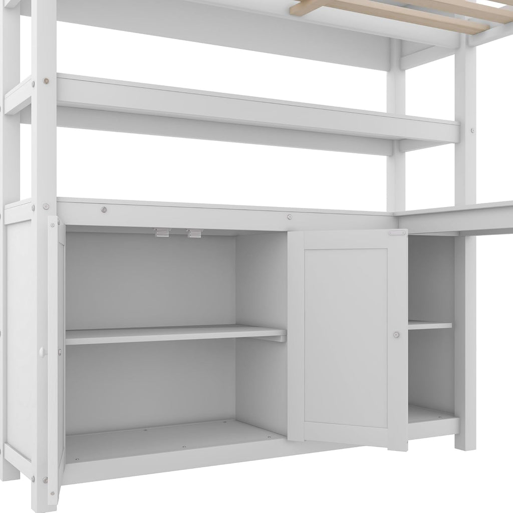 Full Size Loft Bed with Built-in Desk and Bookshelf White Y310