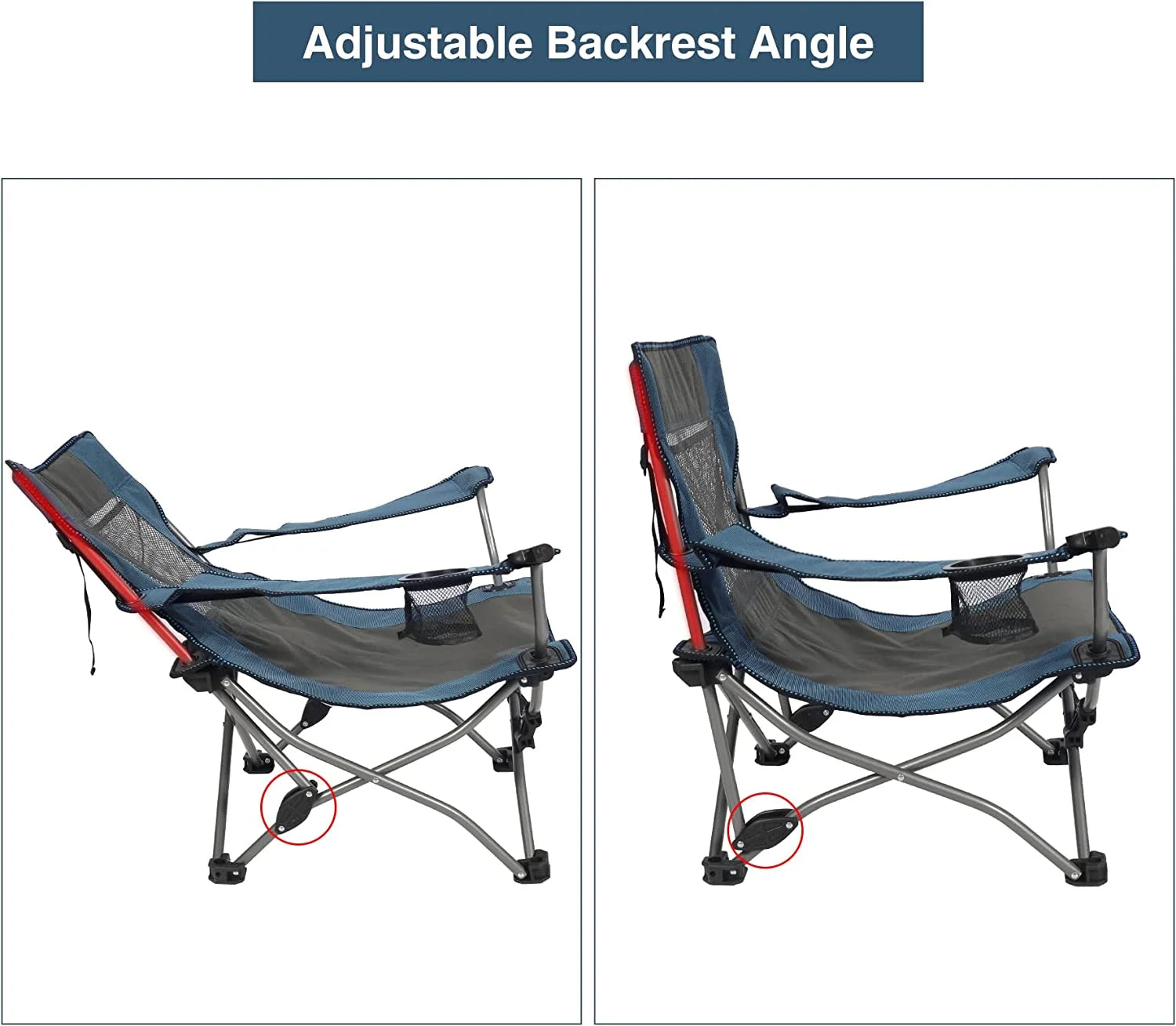 Low Beach Chair with Adjustable Backrest and Cup Holder, Navy F7552