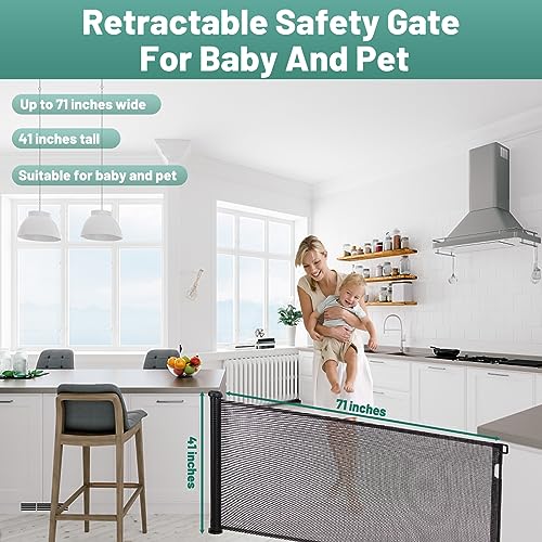 Grey Retractable Mesh Baby Gate, 41" Extra Tall, 55" Wide E544