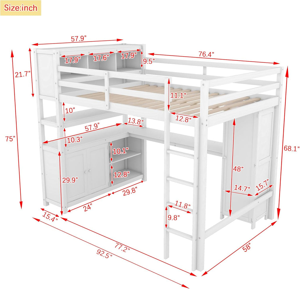 Full Size Loft Bed with Built-in Desk and Bookshelf White Y310