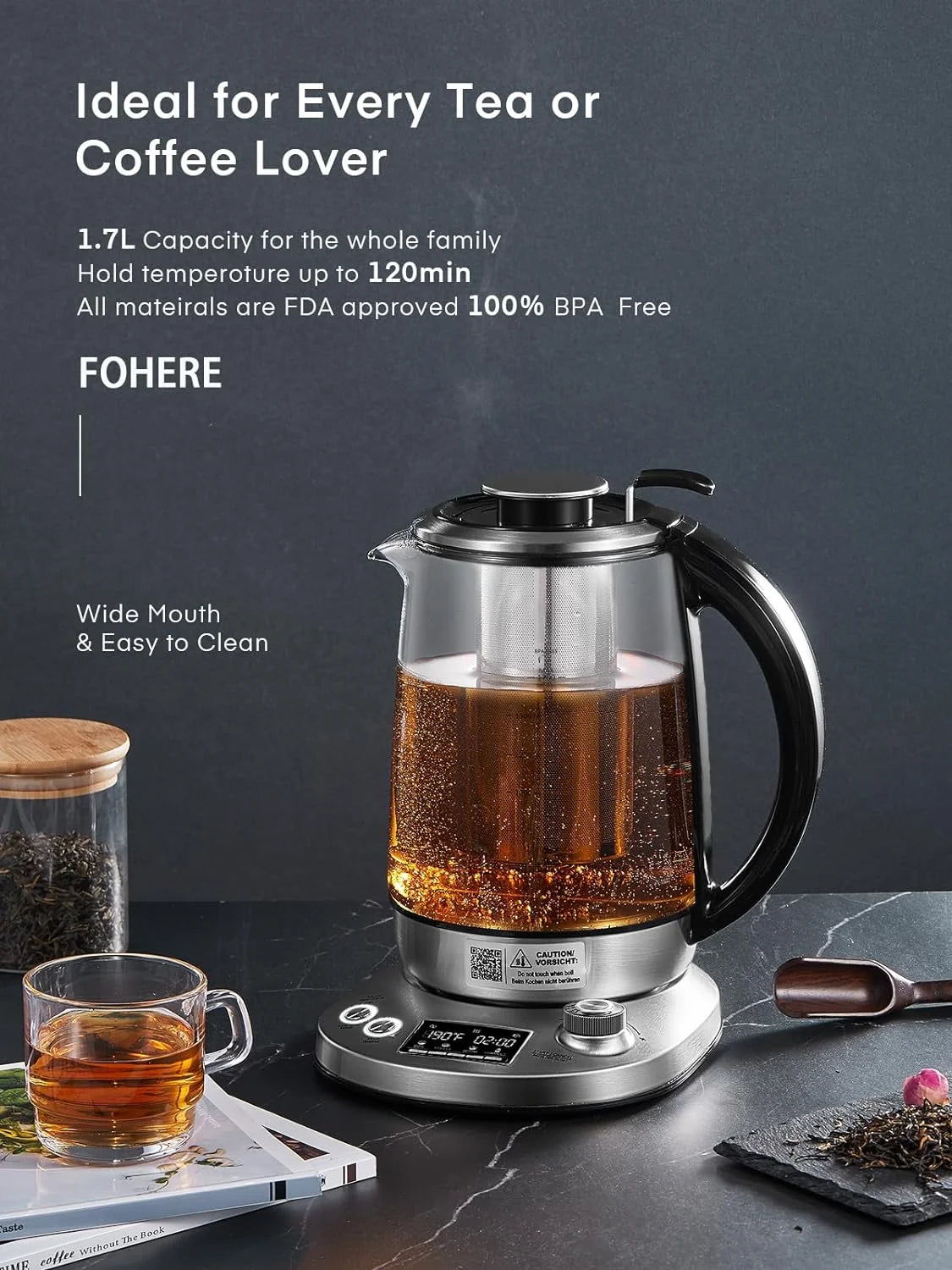 1.7L Borosilicate Glass Electric Tea Kettle with Temperature Control F917464