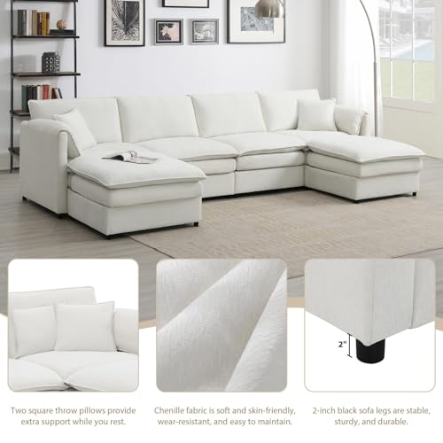 Cream Chenille U Shaped Sectional Sofa with 2 Ottoman D35860