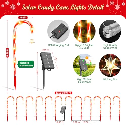 12 Pack Solar Candy Cane Lights, 72 LEDs Waterproof Outdoor Christmas Decorations J21599