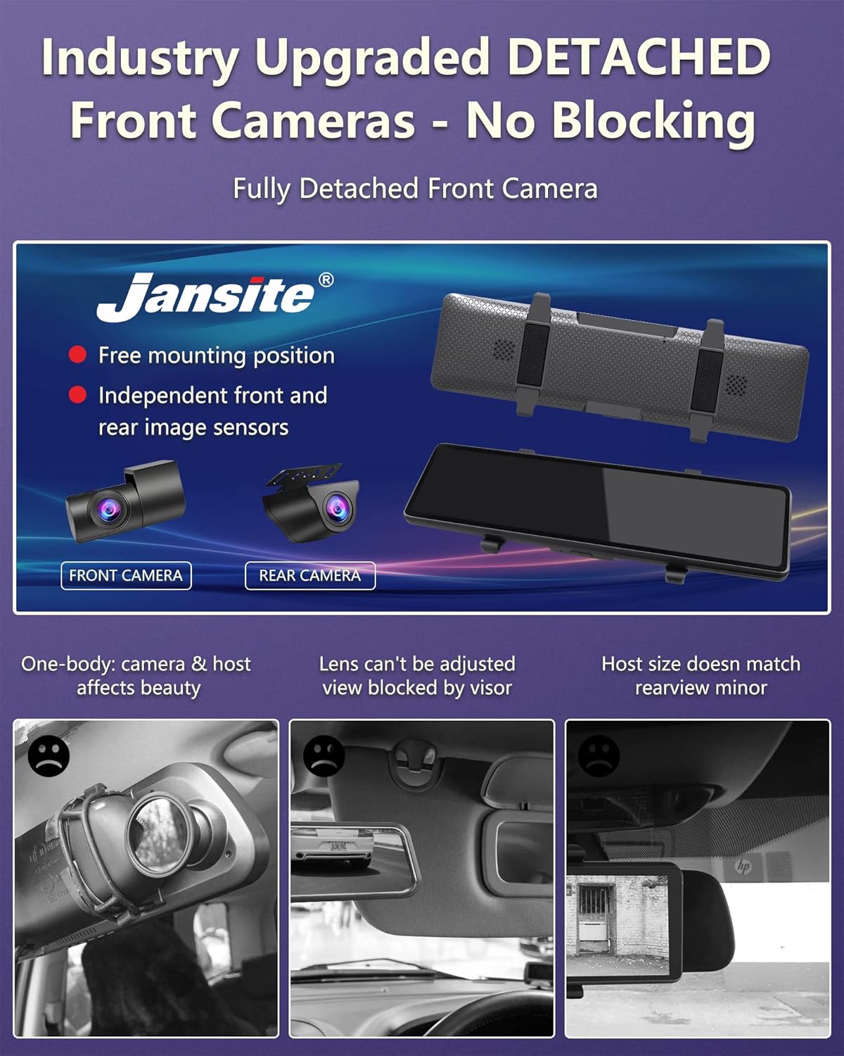 Mirror Dash Cam with Detached Front Camera 11 Rear View Mirror Camera Front and Rear FHD 1080P Waterproof Backup Camera Full Touch Screen with Night Vision V3466