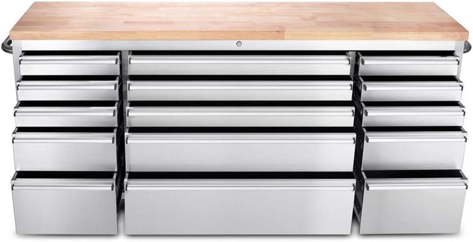 15 Drawer Stainless Steel Rolling Tool Chest with Wheels and Wood Top W441