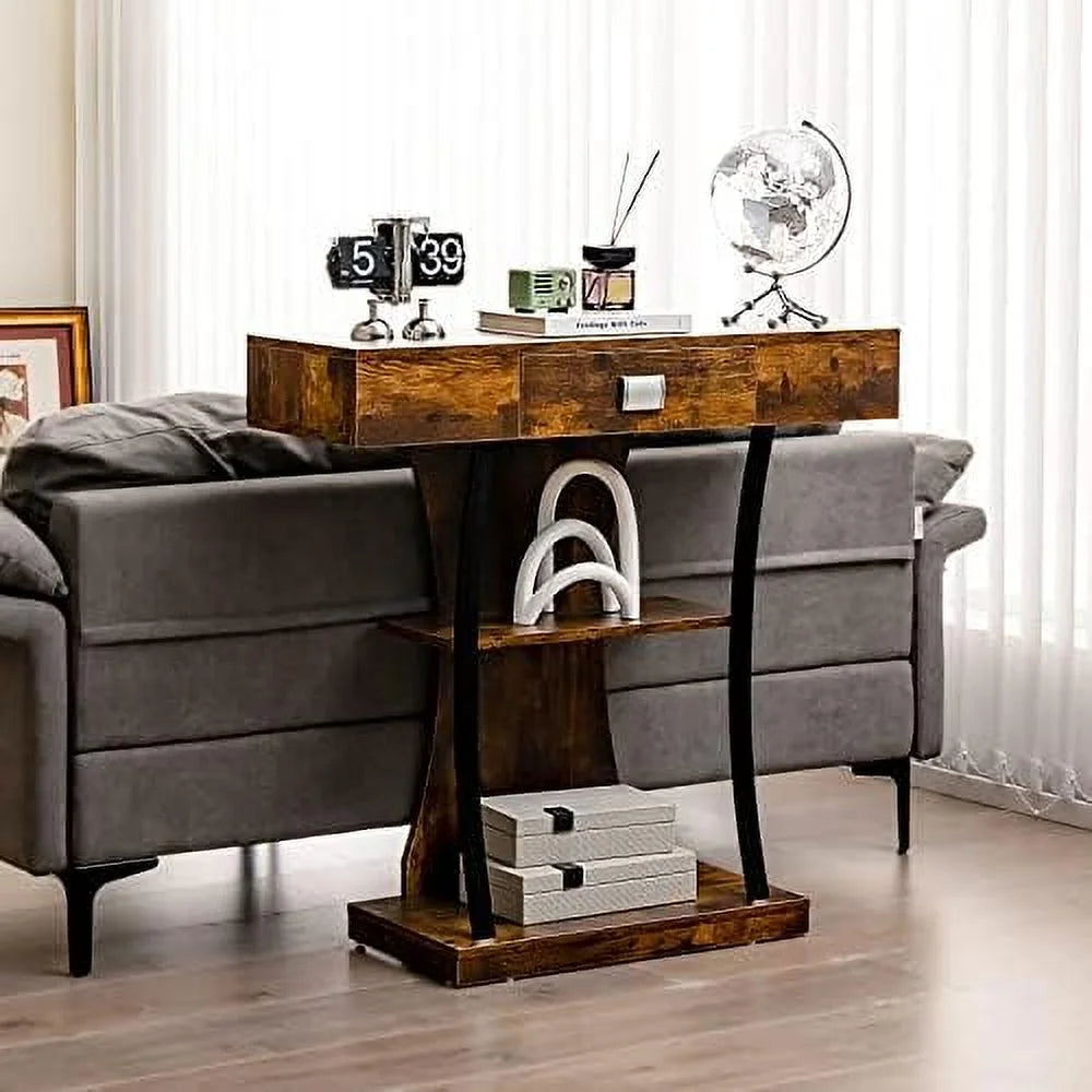Rustic Brown 3-Tier Console Table with Drawer and Shelves C6612