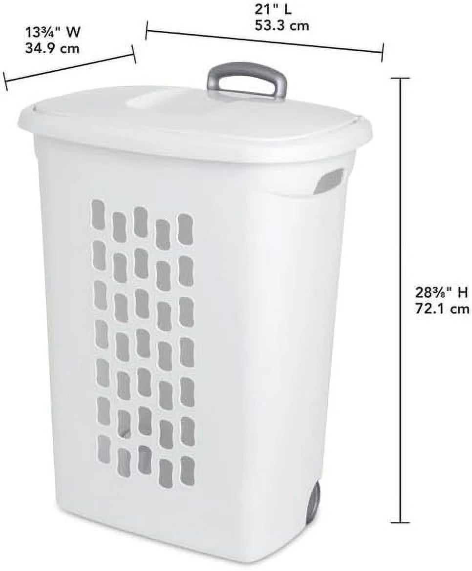 White Wheeled Laundry Hamper with Retractable Handle and Lid Z16409