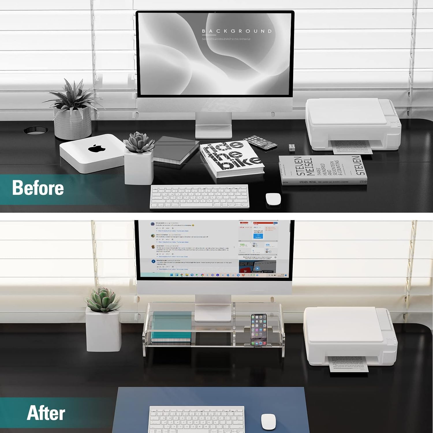 20-inch Clear Acrylic Monitor Stand Riser with Keyboard Storage and Phone Holder A144332
