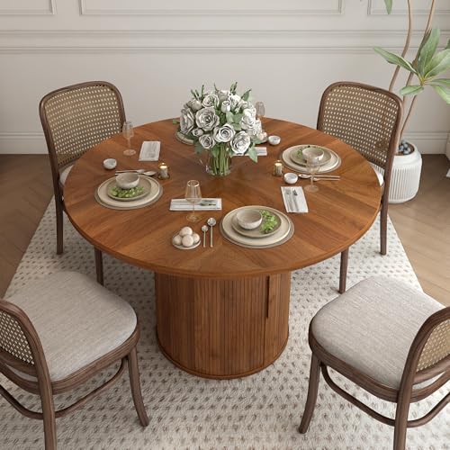 47 inch Round Dining Table with 2-Layer Storage Shelf and Wood Slide Door (Walnut) Z1818