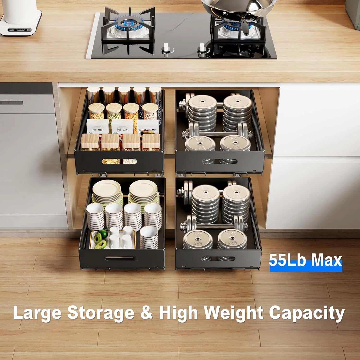 2 Pack Pull Out Cabinet Organizer, Slide Out Drawers, Heavy Duty Shelves, Black B48395