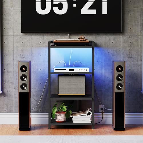 Black 4-Tier Wooden Media Console with Charging Station and LED Light S13971