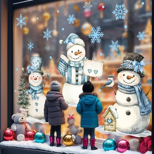 13.8 x 35.4'' Extra Large Christmas Window Clings 3 Sheets Blue Snowman Snowflake Window Stickers Double Sided Glass Decals Q2166