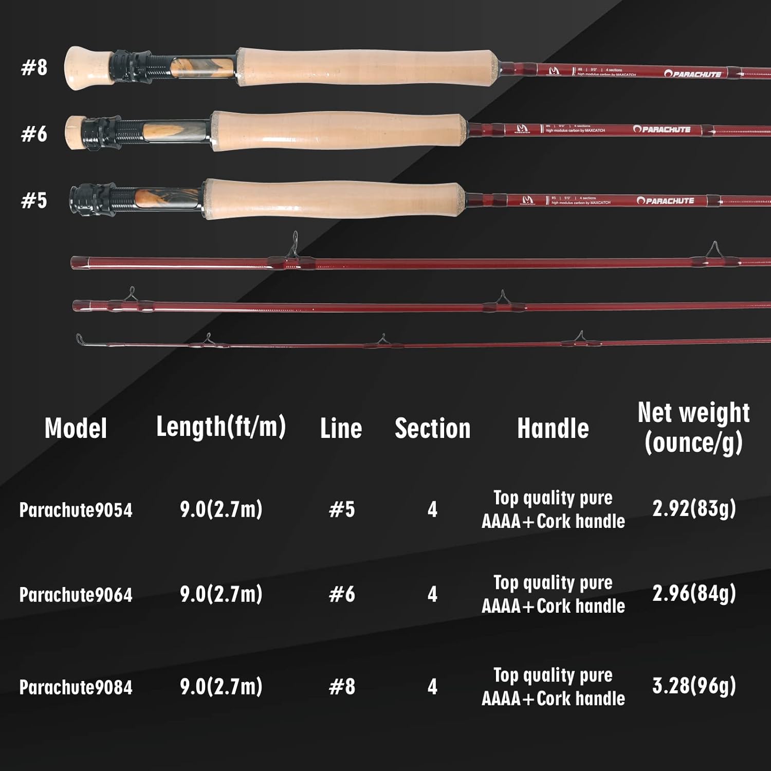 4 Piece 9ft 5wt Graphite Carbon Fiber Fast Action Fly Fishing Rod V659