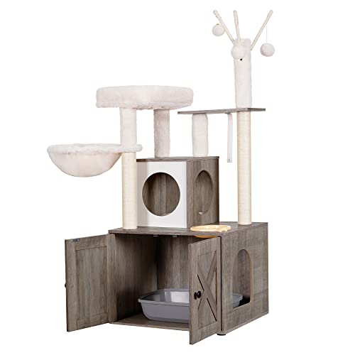 Rustic Brown Cat Tree with Litter Box Enclosure R715