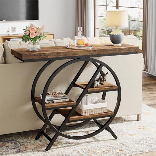 39.4-Inch Rustic Brown Console Table with 4-Tier Geometric Metal Frame Q749883