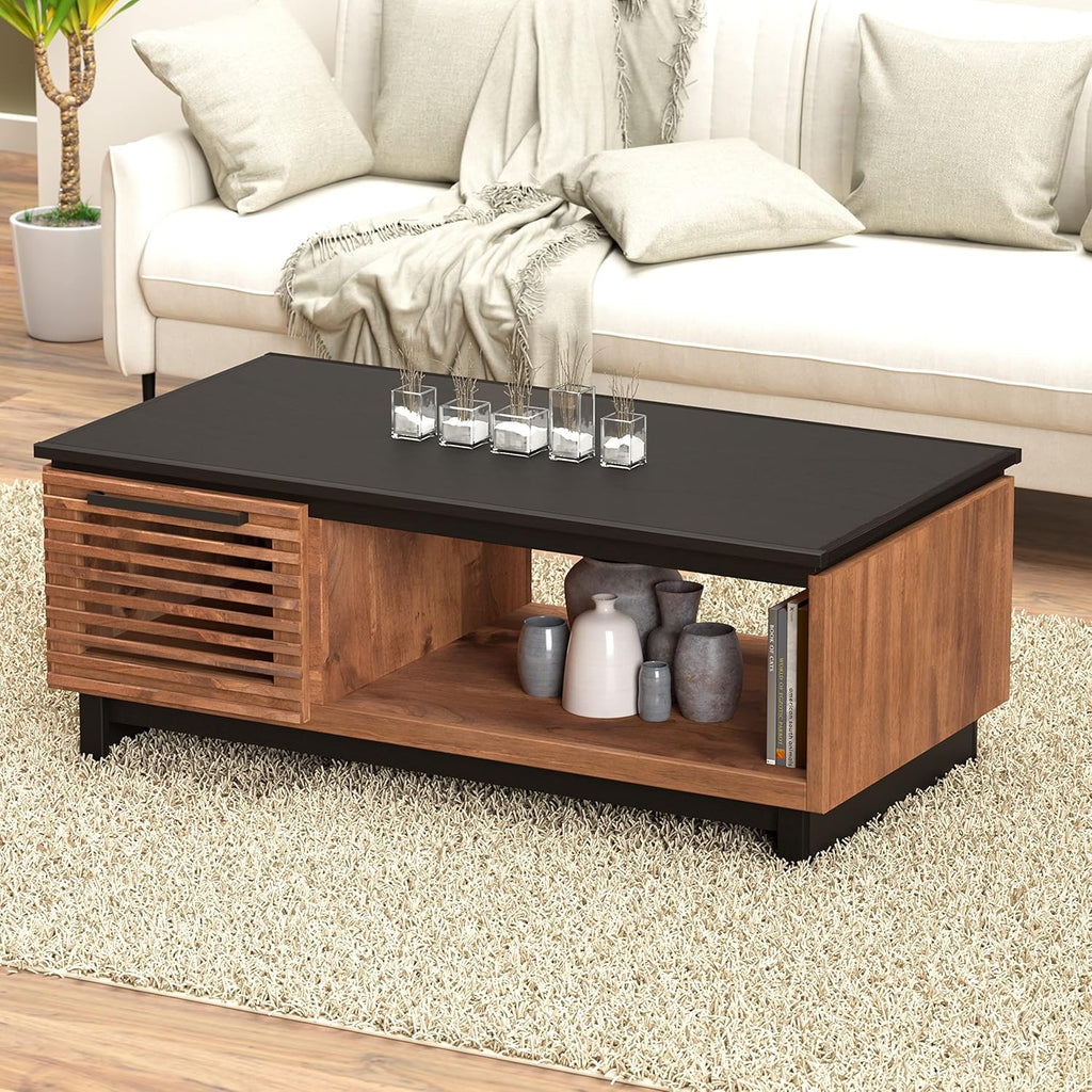 Modern Coffee Table, 47 inches, Poplar Solid Wood, Bourbon and Black Finish S587944