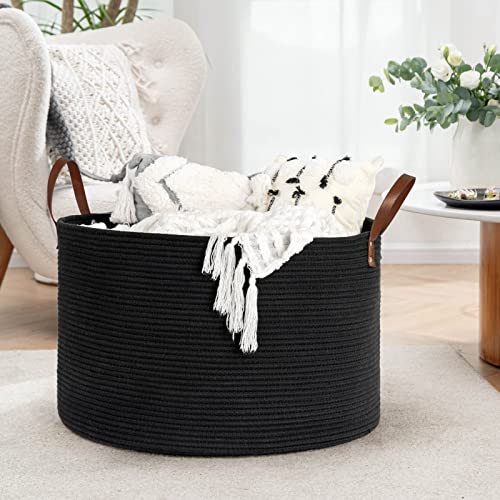 Large Woven Storage Basket with Leather Handles, 22 x 14 inches, Dark Gray K6151