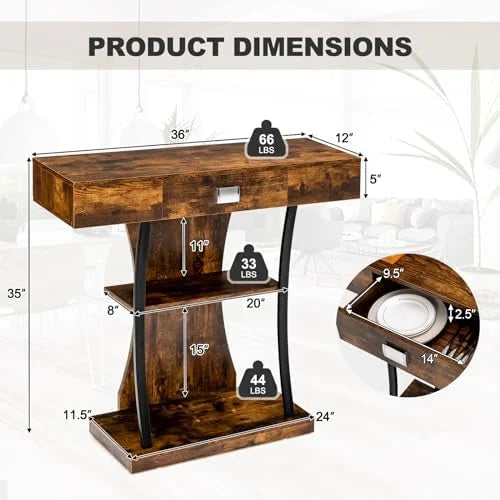 Rustic Brown 3-Tier Console Table with Drawer and Shelves C6612