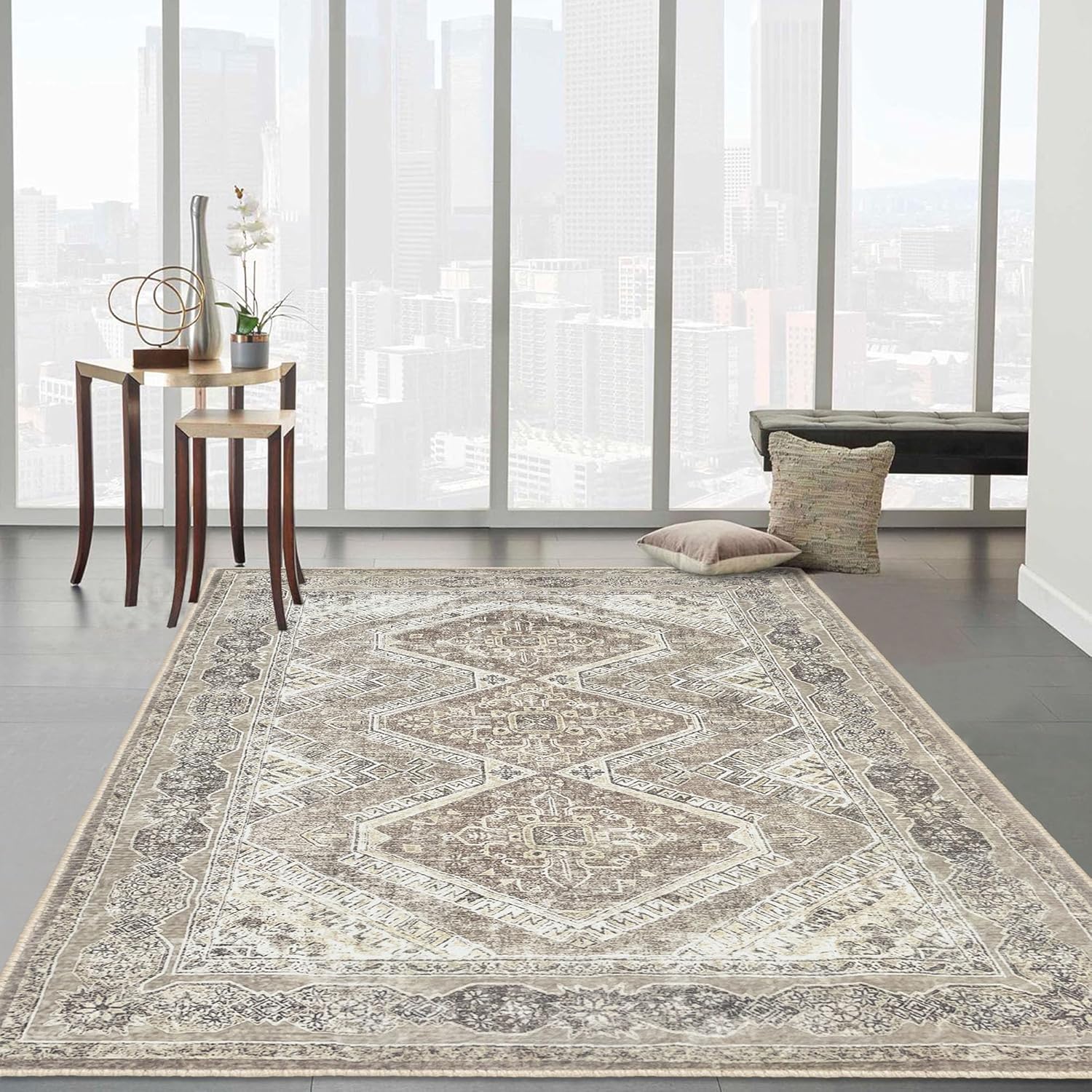 Washable 4x6 Faux Wool Area Rug Y2603