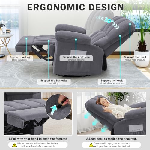 Oversized Chenille Swivel Rocker Recliner Chair, Grey C834326