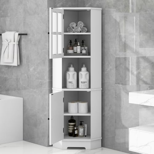 White Tall Corner Cabinet with Adjustable Shelves and Doors F123789