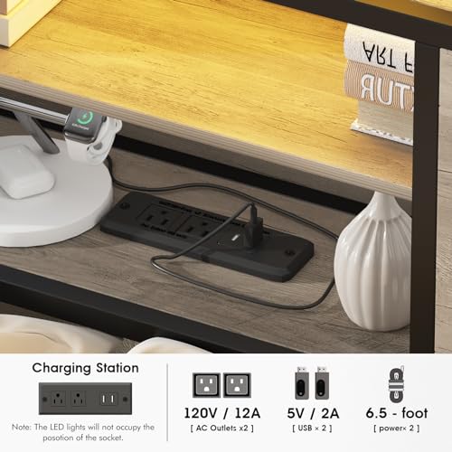 Queen Size Bed Frame with 4 Drawers LED Light and Headboard Storage Shelves, Wash Grey X412355