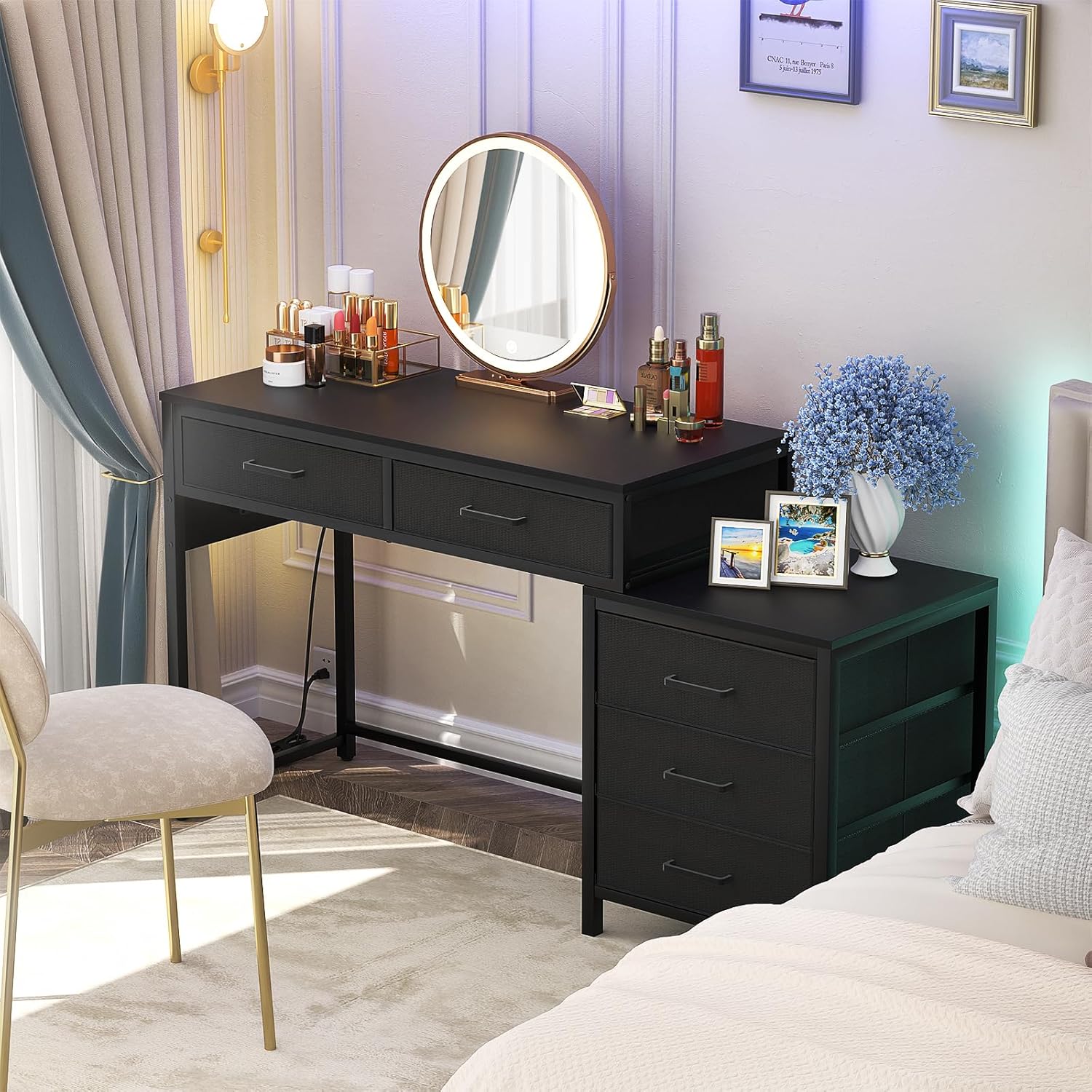 Black Computer Desk with 5 Drawers and Power Outlets I7572