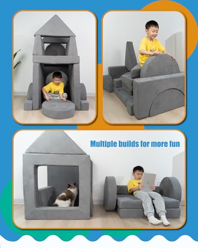 15PCS Modular Toddler Play Couch with Removable Cover Gray Foam Sofa S560391
