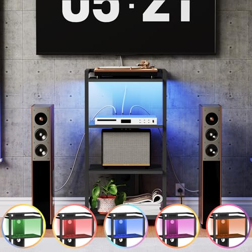 Black 4-Tier Wooden Media Console with Charging Station and LED Light S13971