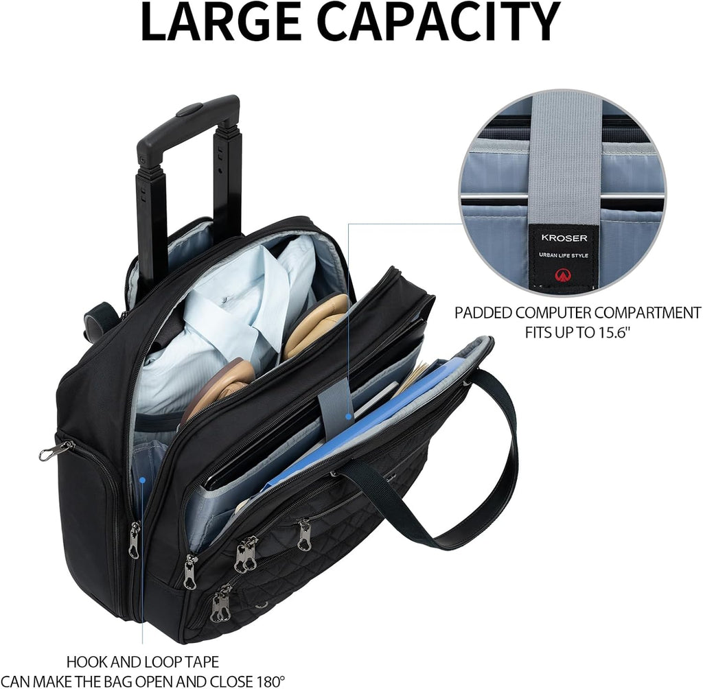 Black 15.6 inch Quilted Rolling Laptop Bag O670