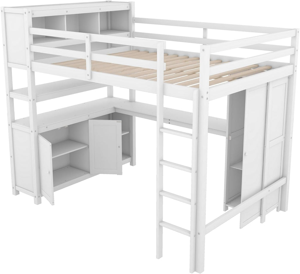 Full Size Loft Bed with Built-in Desk and Bookshelf White Y310