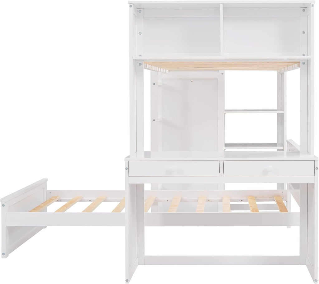 White Twin Wooden Bunk Loft Bed with Shelves Desk and Wardrobe M64287