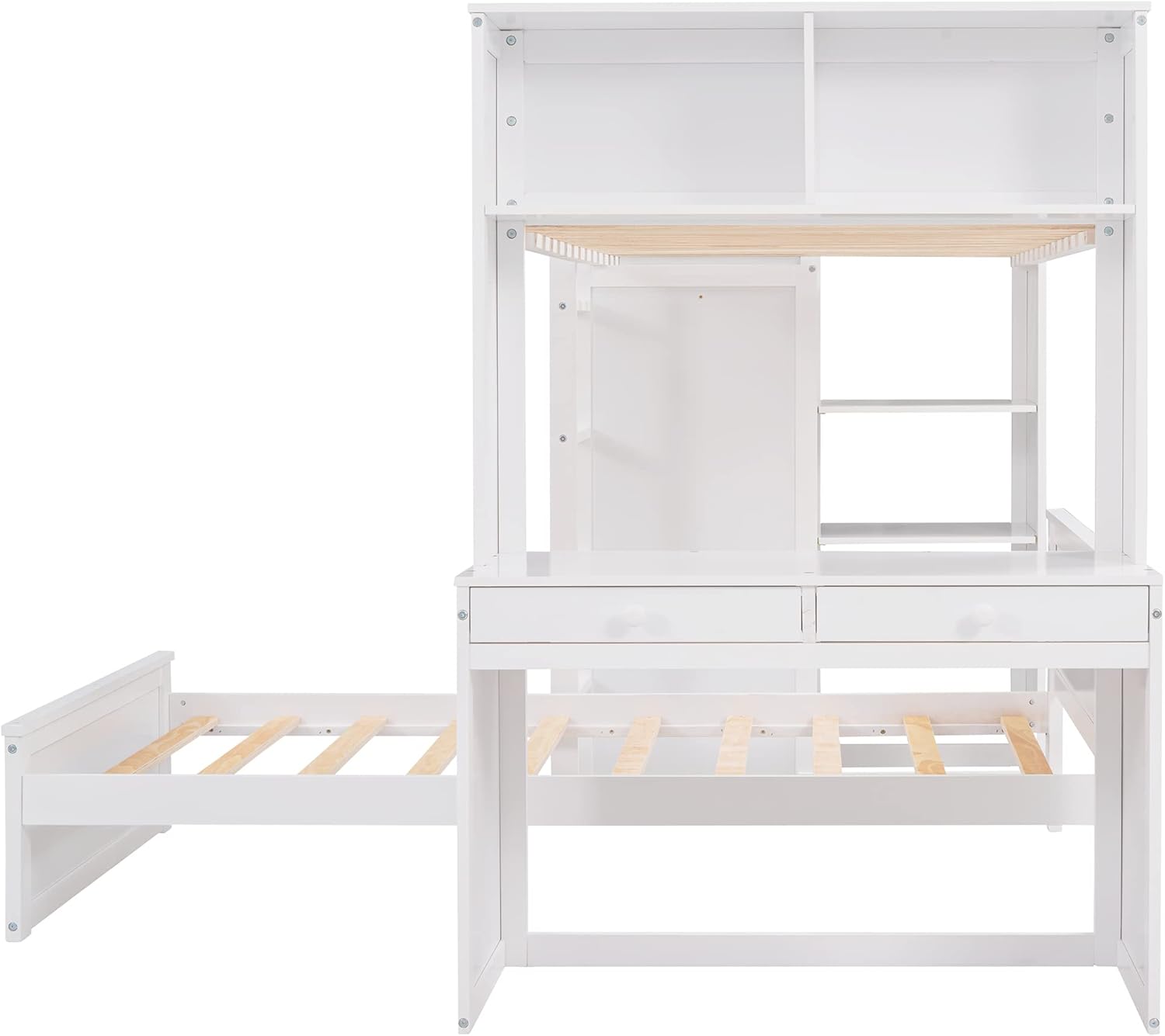 White Twin Wooden Bunk Loft Bed with Shelves Desk and Wardrobe M64287