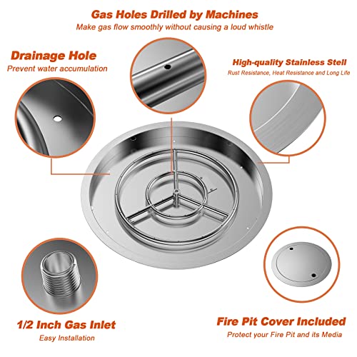 19 Inch Round Stainless Steel Drop in Fire Pit Pan Fire Bowl with Burner Ring and Protective Cover A17109