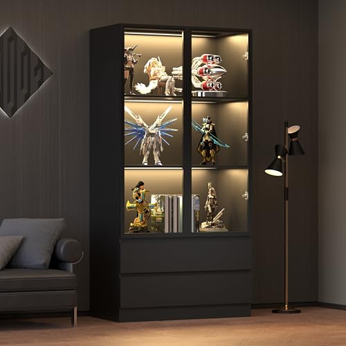 Black Tempered Glass Display Cabinet with LED Lights and 3 Shelves B3084