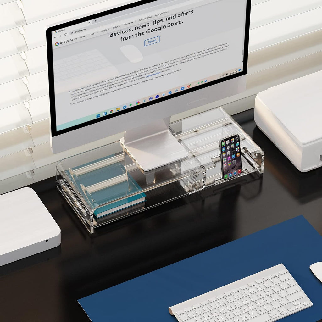 20-inch Clear Acrylic Monitor Stand Riser with Keyboard Storage and Phone Holder A144332