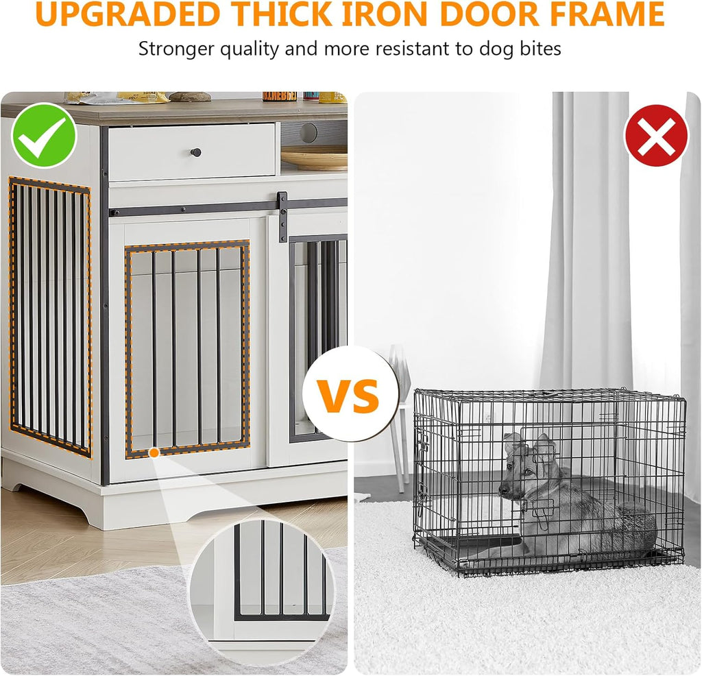 White Double Dog Crate Furniture with Divider and 2 Drawers O539559