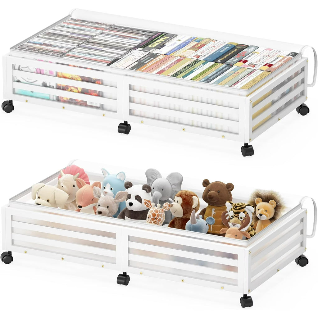 2 Pcs White Bamboo Wood Rolling Storage Bins With Wheels W61393