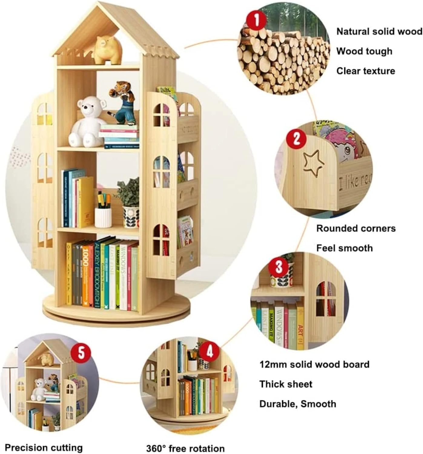 4-Tier Rotating Solid Wood Bookshelf A3863