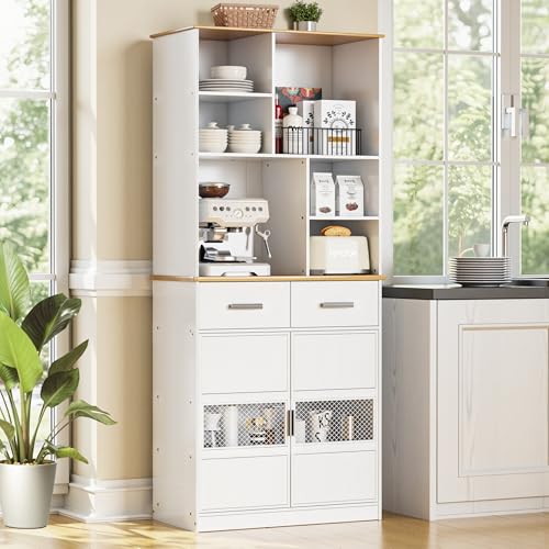 White 72'' Tall Kitchen Pantry Cabinet with Microwave Stand P228592