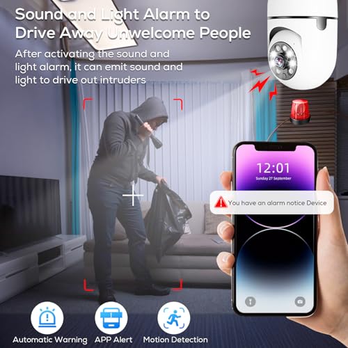 Light Bulb Security Camera, 360° WiFi Wireless Outdoor Indoor Color Night Vision, Auto Tracking Smart Alarm, 2-Way Talk, Porch Light Socket Camera E96439