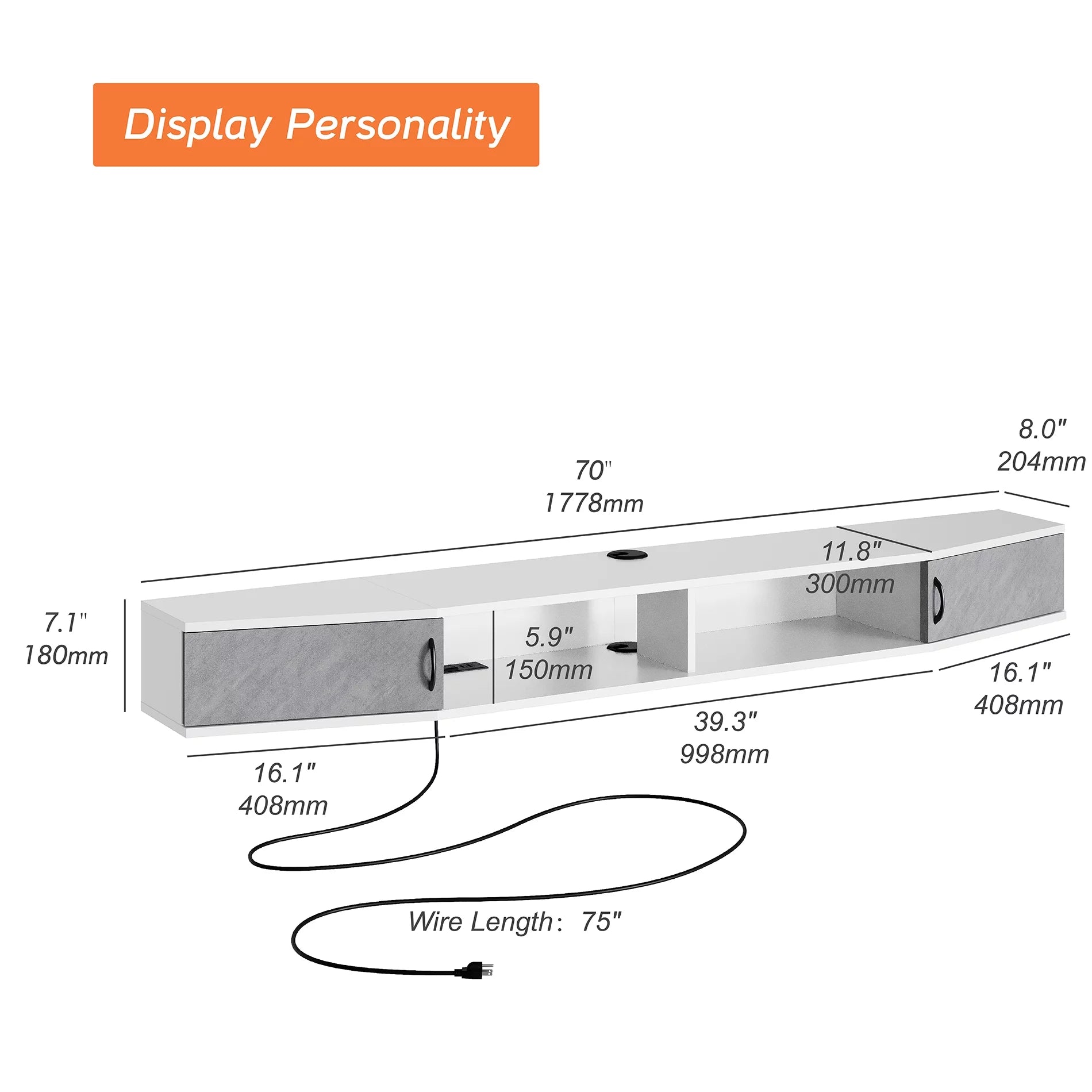 White 70 Inch Floating TV Stand with Storage Cabinet E775