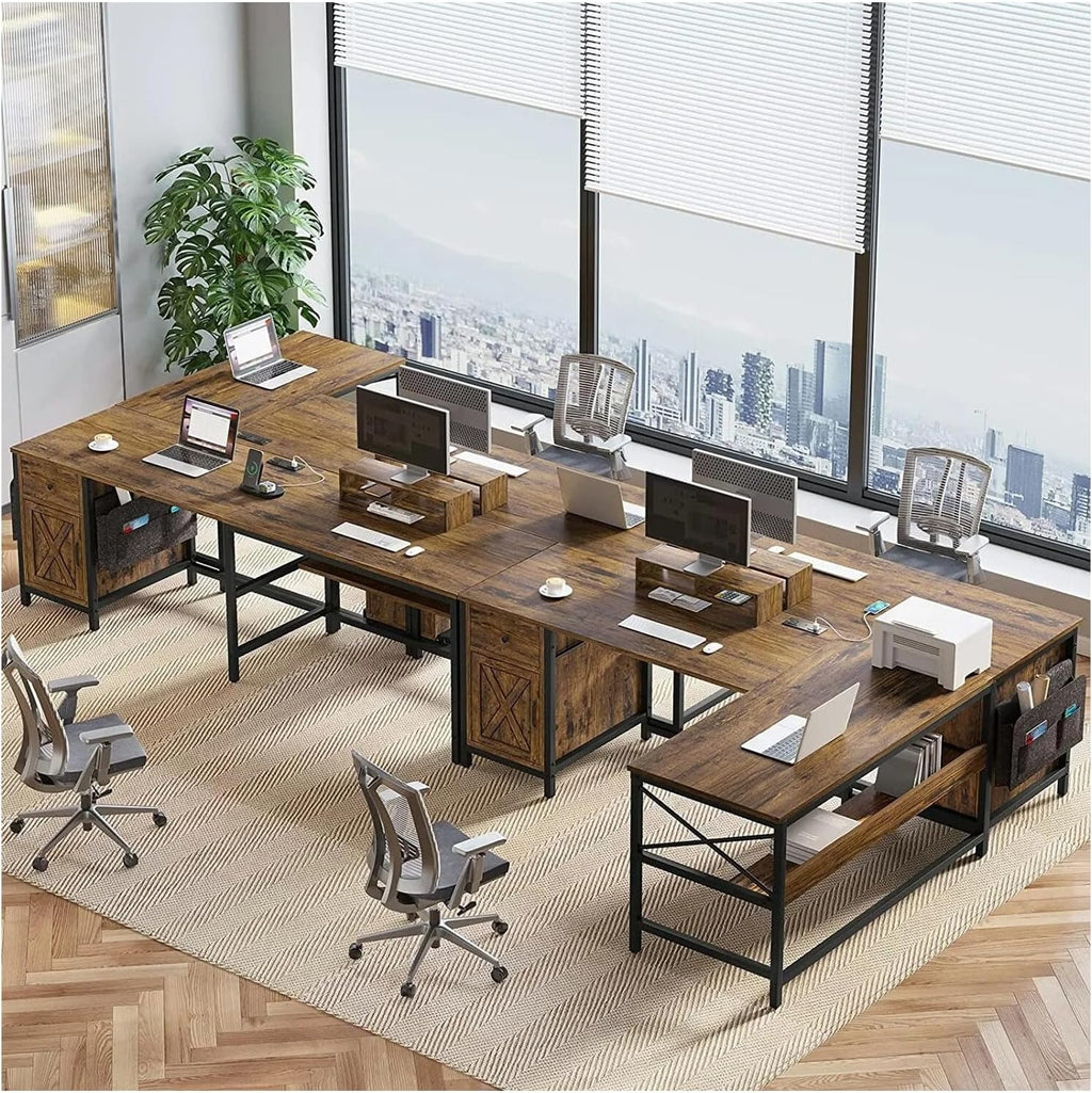 Rustic Brown L Shaped Computer Desk with Monitor Stand Storage Drawer Metal Wood 86.6”L x 19.7”W x 30”H A11725