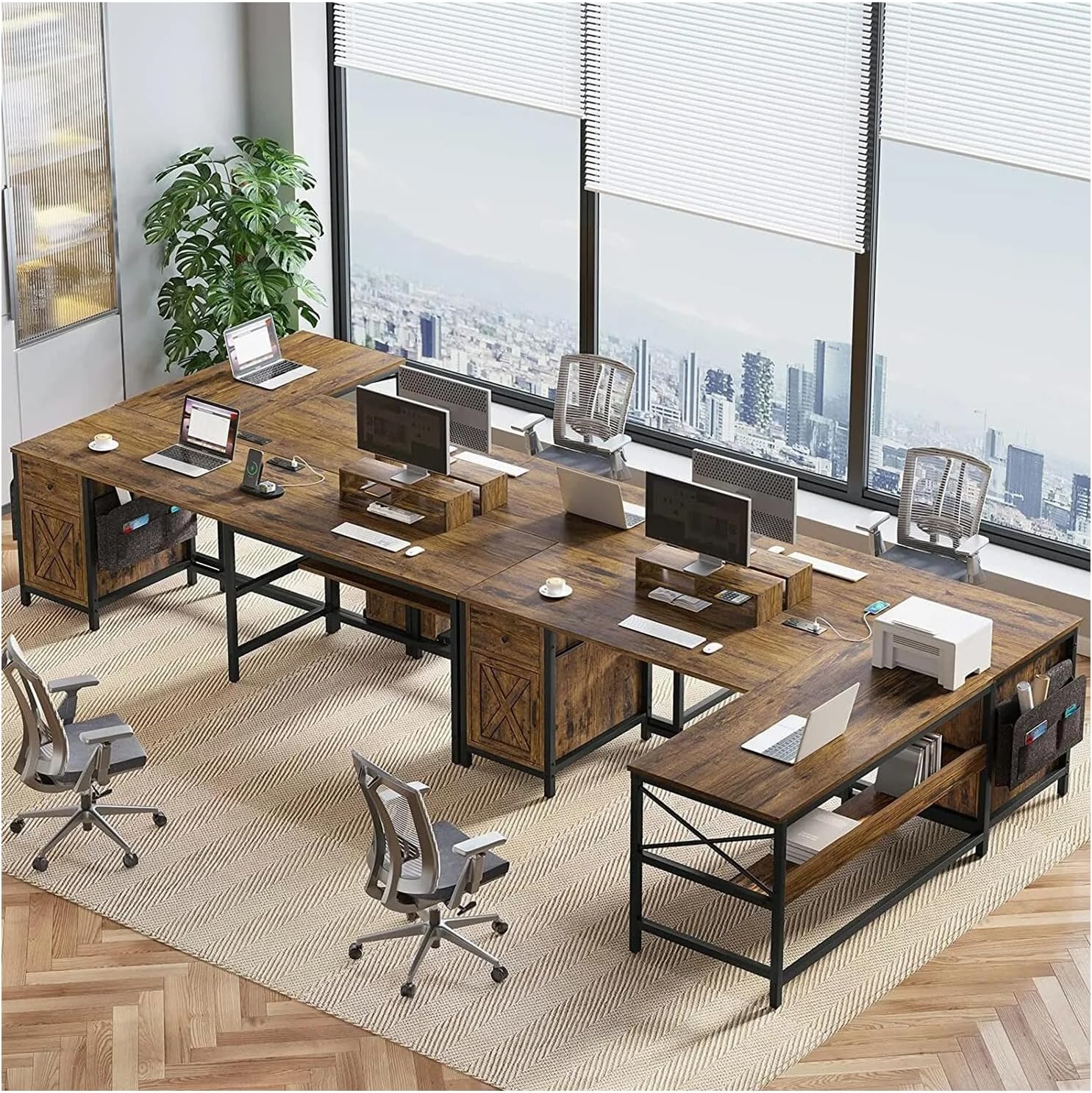 Rustic Brown L Shaped Computer Desk with Monitor Stand Storage Drawer Metal Wood 86.6”L x 19.7”W x 30”H A11725