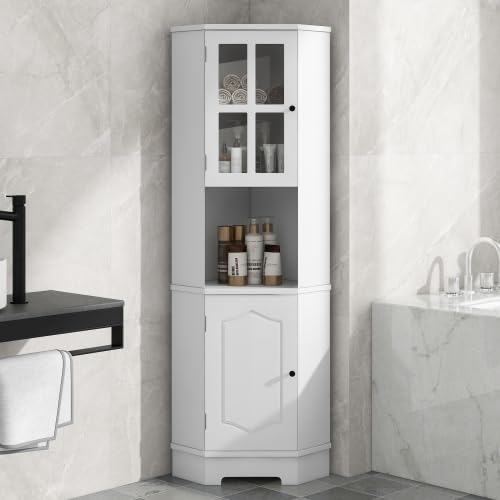 White Tall Corner Cabinet with Adjustable Shelves and Doors F123789