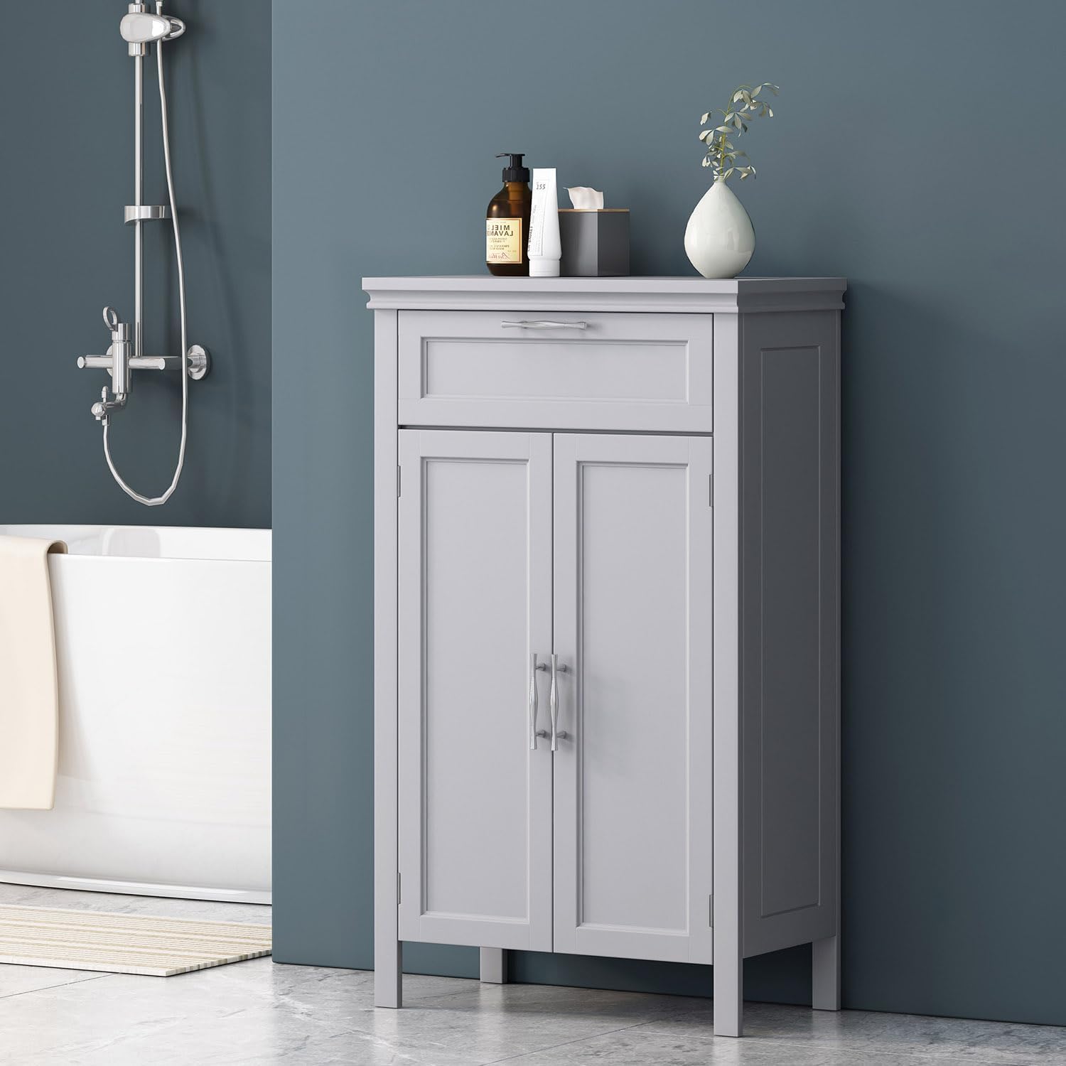 Wooden Bathroom Floor Cabinet with Drawer, Adjustable Shelf, 2-Door Cupboard L43858