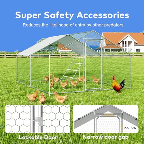 Large Metal Chicken Coop Walk-in Poultry Cage with Waterproof and UV-Resistant Cover, Outdoor Chicken Run Poultry Hen House, Spire Roof (10’ W x 13.2’ L x 6.4’ H) B65982