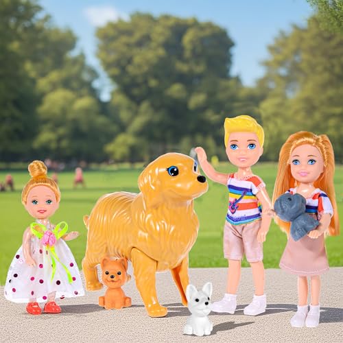 6 People Dollhouse Dolls Playset with Pets and Accessories B234