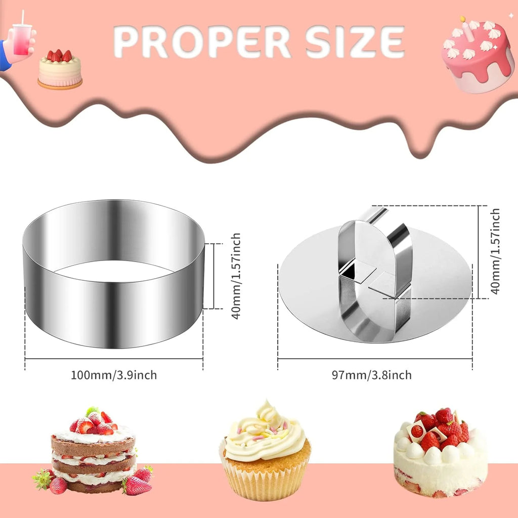 6pcs Stainless Steel Cake Ring Mold Set, 4 Rings, 2 Pusher, Round Q273950